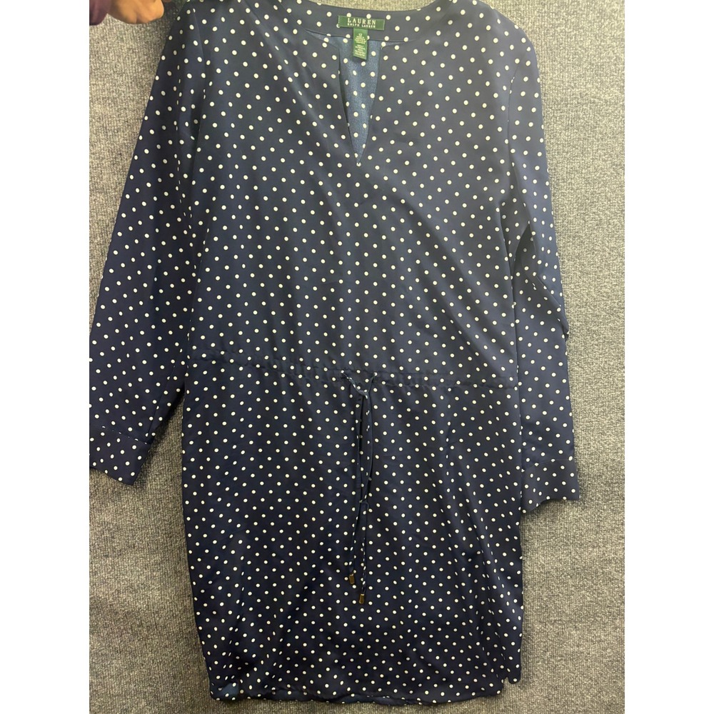 Lauren Ralph Lauren Dress Women 12 Navy Polka Dot Drawstring Long Sleeve